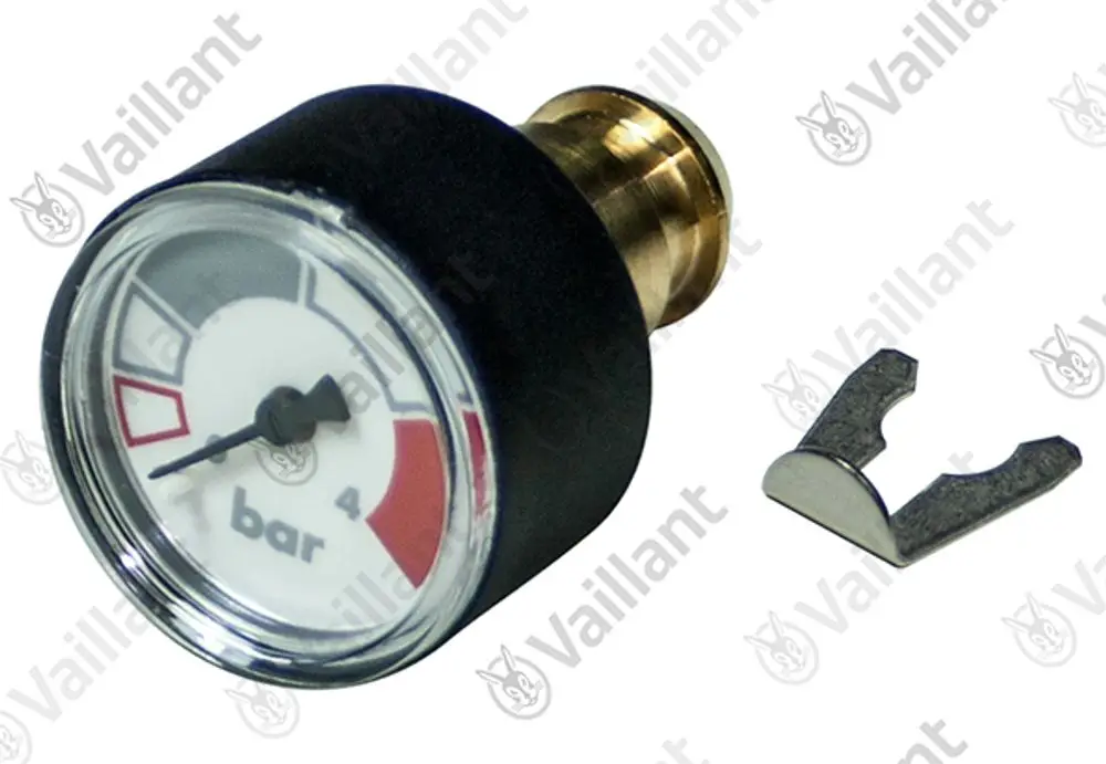 Vaillant Manometer mit Ziffernblatt, Druckanzeige bis 4 bar, schwarzem Gehäuse und einem Befestigungsclip neben dem Gerät.